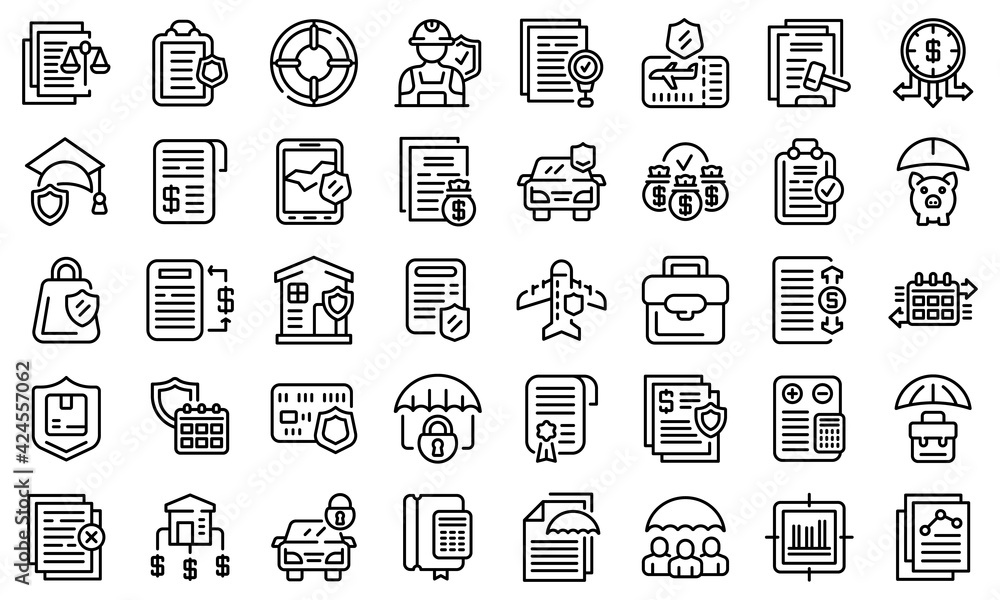 Poster liability icons set. outline set of liability vector icons for web design isolated on white backgrou