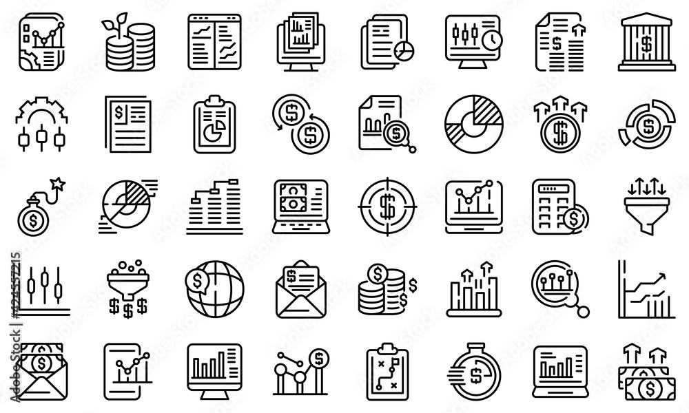 Poster result money icons set. outline set of result money vector icons for web design isolated on white ba