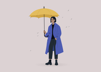A young female character wearing an oversize coat and holding a yellow umbrella, a rainy weather concept