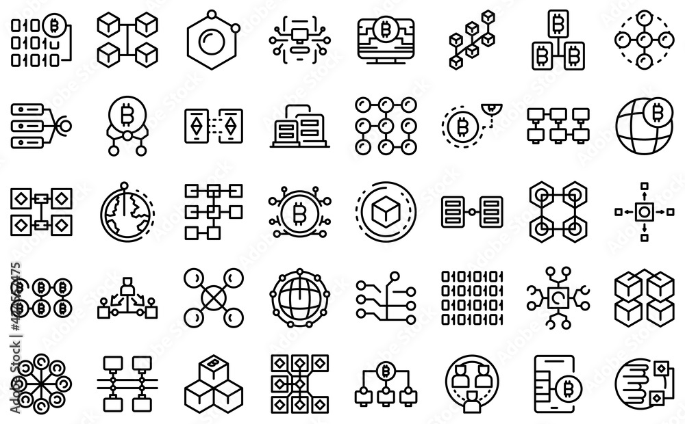 Poster block chain icons set. outline set of block chain vector icons for web design isolated on white back