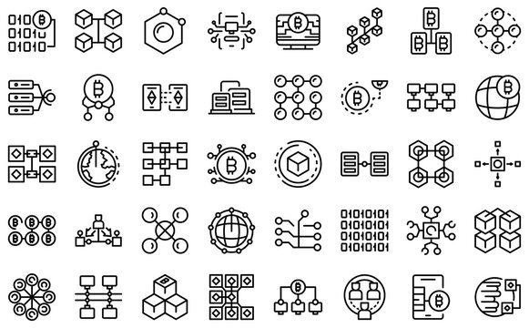 Block Chain Icons Set. Outline Set Of Block Chain Vector Icons For Web Design Isolated On White Background