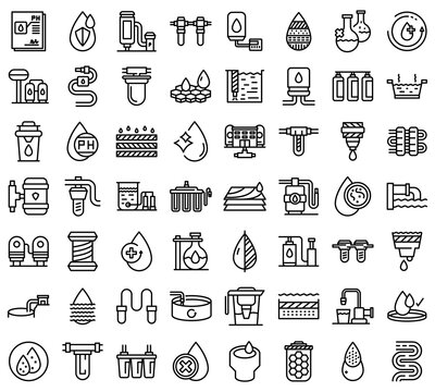 Equipment for water purification icons set. Outline set of equipment for water purification vector icons for web design isolated on white background