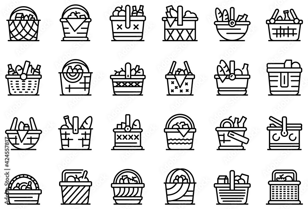 Poster picnic basket icons set. outline set of picnic basket vector icons for web design isolated on white 