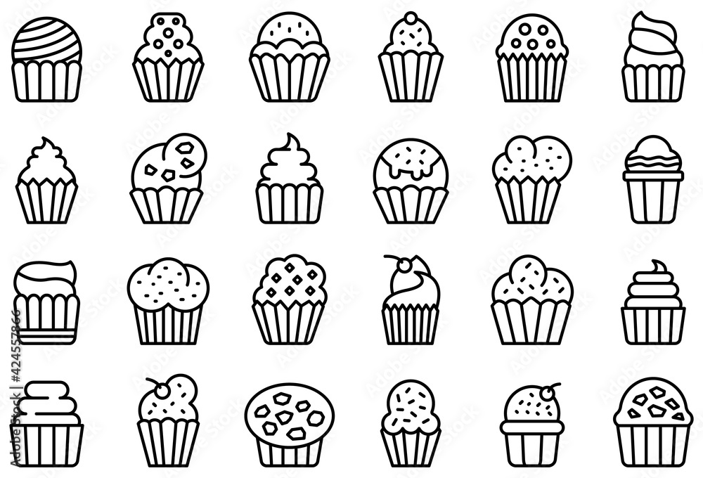 Poster muffin icons set. outline set of muffin vector icons for web design isolated on white background