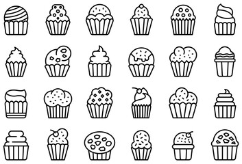 Muffin icons set. Outline set of muffin vector icons for web design isolated on white background