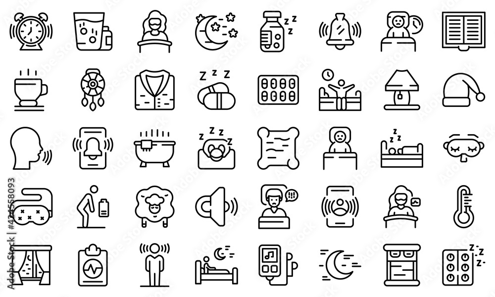 Poster sleep problems icons set. outline set of sleep problems vector icons for web design isolated on whit