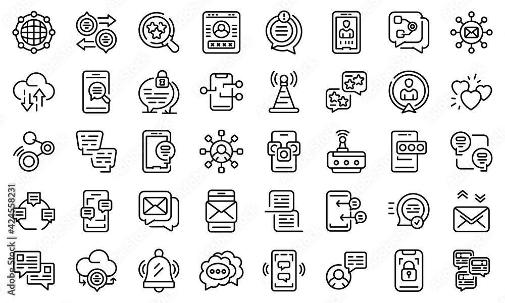 Poster messaging network icons set. outline set of messaging network vector icons for web design isolated o