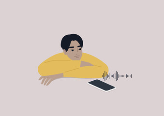 Young male Asian character listening to a voice message on their mobile phone, new ways of communication, a podcast media format