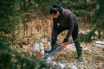 A man is sawing a tree with a chainsaw. A young guy works in a pine forest