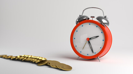 Alarm clock and coins. Gold coins lie on the surface. 3D render.