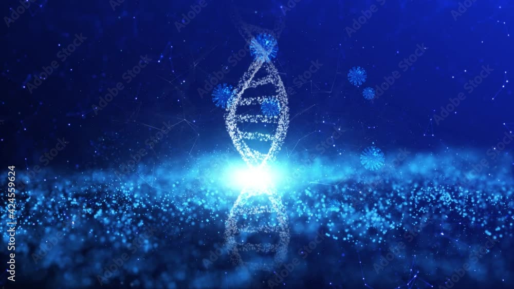 Poster abstract digital rotating dna molecule on futuristic glowing copy space background with corona virus