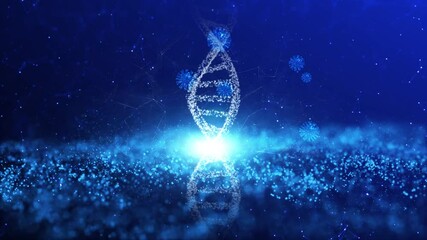Abstract digital rotating dna molecule on futuristic glowing copy space background with corona virus covid-19 animation. - Powered by Adobe