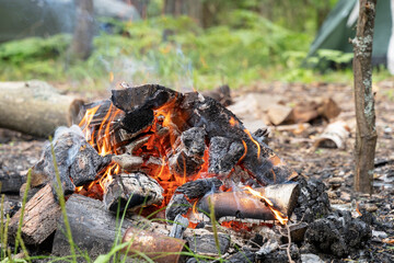 campfire in the forest near a tent, shelter, gazebo, outdoor recreation concept