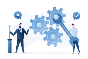 Repair, support service. Male characters holds instruments. Repair team with wrench and screwdriver.