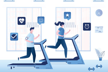 People go in for sports in gym. Athletes run on treadmills. Workout, fitness training. Gym interior. Healthcare banner.