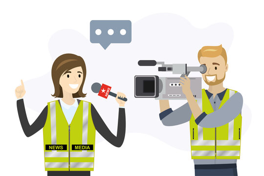 TV team wearing  yellow vests. Cartoon female reporter holds microphone and talking. Male operator with camera. Journalist filming report.