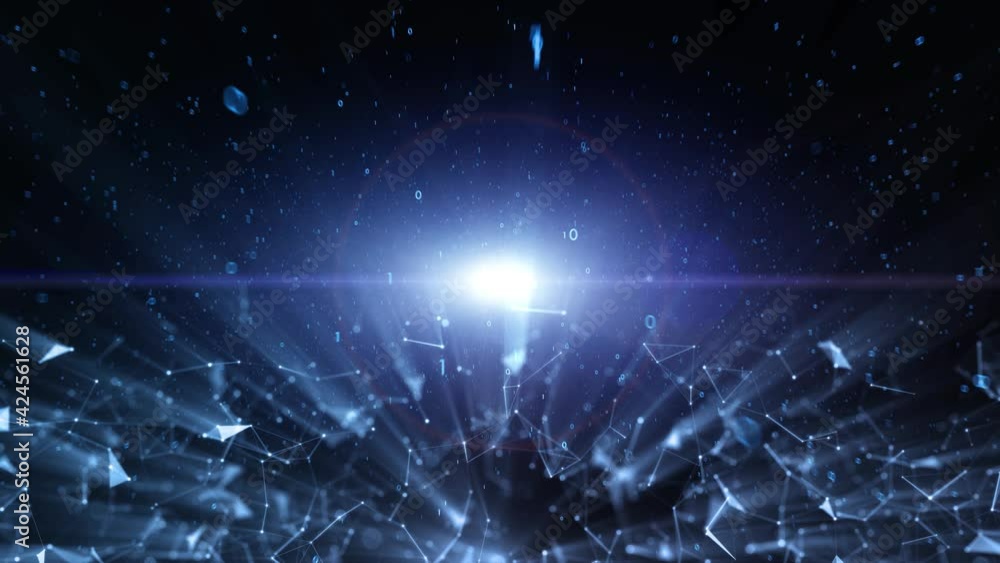 Poster futuristic modern space with bright light lens flare and flying binary numbers. dark background with