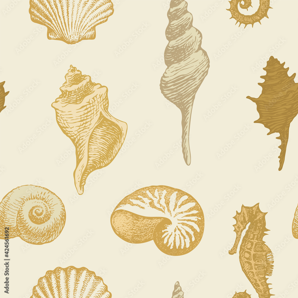 Poster seamless pattern with hand-drawn seahorse and beautiful seashells of various shapes. repeating vecto