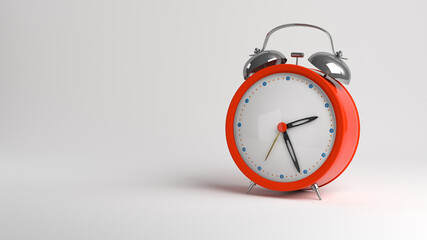 An orange alarm clock stands on a white background. 3D render.