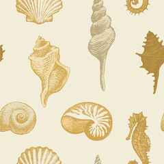 Seamless pattern with hand-drawn seahorse and beautiful seashells of various shapes. Repeating vector illustration in beige colors in retro style. Suitable for wallpaper, wrapping paper, textiles