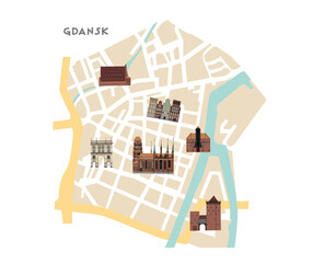 Vector color hand drawn illustrated map of Gdansk old town, Poland. Traditional buildings and symbols. Bright design for tourist posters, banners, leaflets, prints
