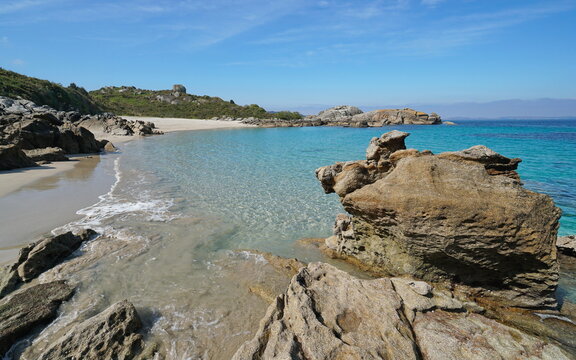 Beach shore with rocks and sand in Galicia, Spain, Atlantic ocean, Cangas, Pontevedra province, Praia Da Lagoelas