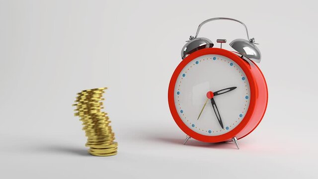 Alarm clock and coins. Gold coins fall down. 3D render.