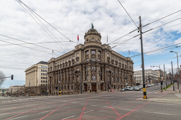 Fototapeta na wymiar Belgrade, Serbia - March 28, 2021: Building of Government of the Republic of Serbia. View of Nemanjina street in central Belgrade, the Serbian capital.