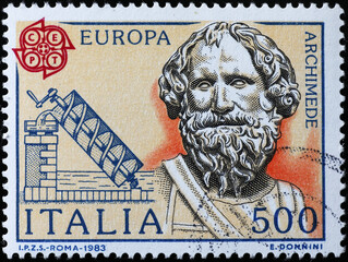 Archimedes of Syracuse portrait on italian postage stamp - obrazy, fototapety, plakaty