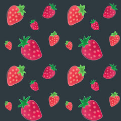 Seamless pattern drawing strawberries on a dark background.