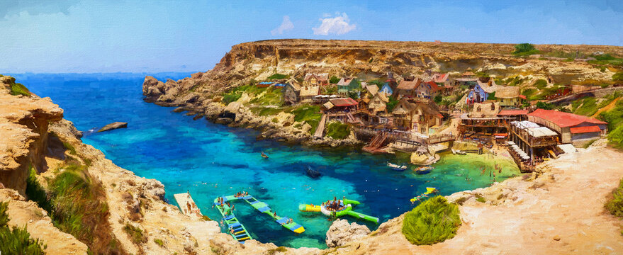 Aerial panorama of Popeye Village in the sunny day, classic painting illustration