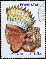 Indian chief Powhatan on postage stamp