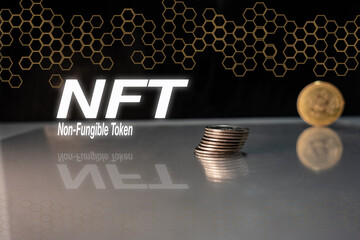 Non-fungible token and NFT words on black background with coins and hexagonal connections, cyrpto...