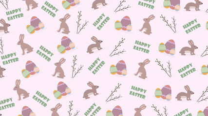 Easter pattern with  rabbits, eggs, inscription 