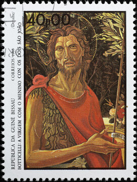Saint John painted by Botticelli on postage stamp