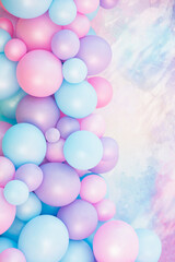 Colorful balloons background, punchy pastel colored and soft focus. pink and mint balloons photo wall birthday decoration. Pink background Copy space. Web banner. Wedding party.