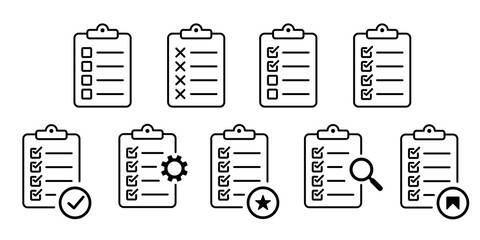 Clipboard document icons collection. Checklist sign, with search and bookmark icons.