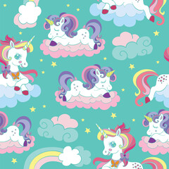 Seamless vector pattern with dreaming baby unicorns turquoise