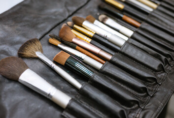 set of makeup brushes in a black case, a concept of a make-up and a visit to a beauty salon
