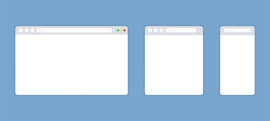 Web browser windows for computer, tablet and smartphone. Blank internet page template. Vector background