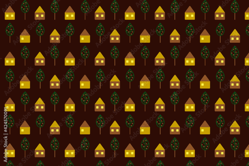 Poster vector background - repeating pattern of village houses and trees