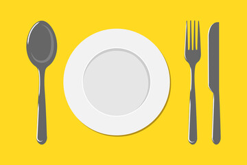 A Plate, Spoon, Fork and a Knife. Flat vector illustration of cutlery.