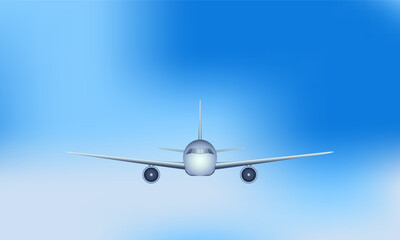 Jet airplane on blue sky, front view, 3d vector illustration
