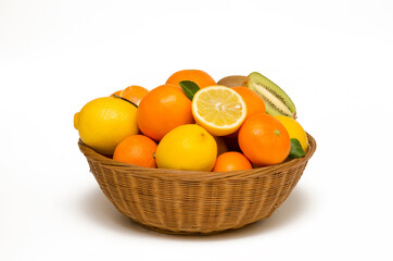 lemons and tangerines basket with citrus fruits on white background