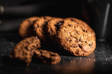 Tasty biscuits with chocolate. Sweet chocolate cookies