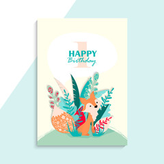 cute happy birthday card design. sweet fox