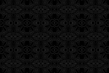 Geometric volumetric convex black background. Ethnic African, Mexican, Native American style. 3D embossed decorative national ornament. Pattern for presentations, textiles, wallpaper.
