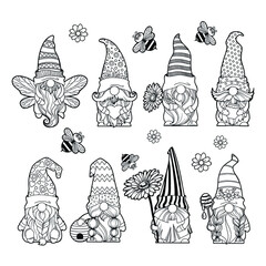 Set gnomes with honey and bees, hello spring summer, honey jar, gnomes with a daisy, gnome bee, hive cartoon characters dwarves vector linear art for printing greeting cards and coloring books