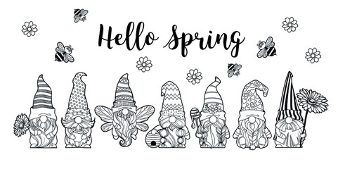 Set gnomes with honey and bees, hello spring summer, honey jar, gnomes with a daisy, gnome bee, hive cartoon characters dwarves vector linear art for printing greeting cards and coloring books