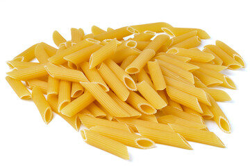 Pile of traditional italian pasta penne rigate isolated on white background